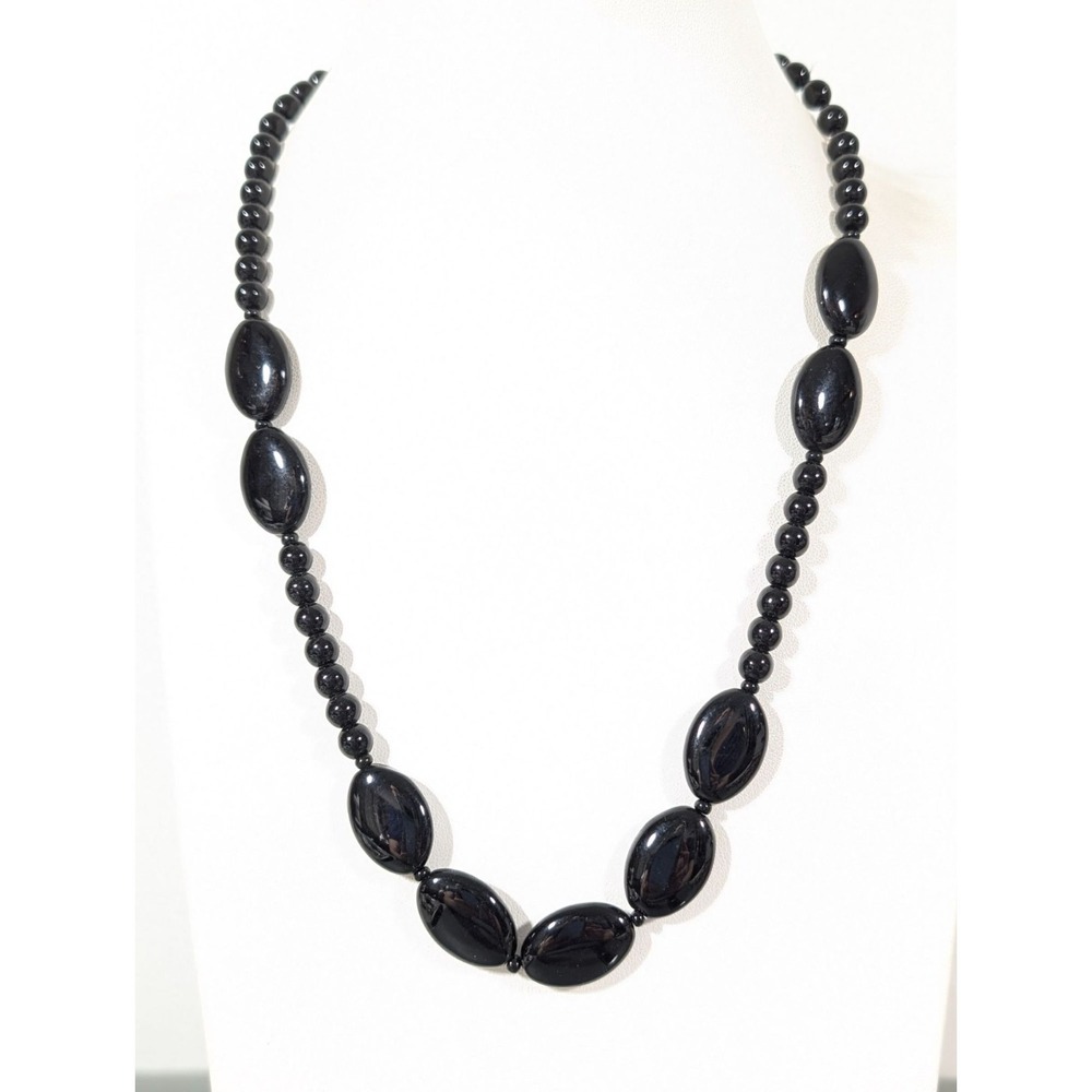Vintage‎ Black Glass Oval Beaded Necklace Classic Gothic 18"